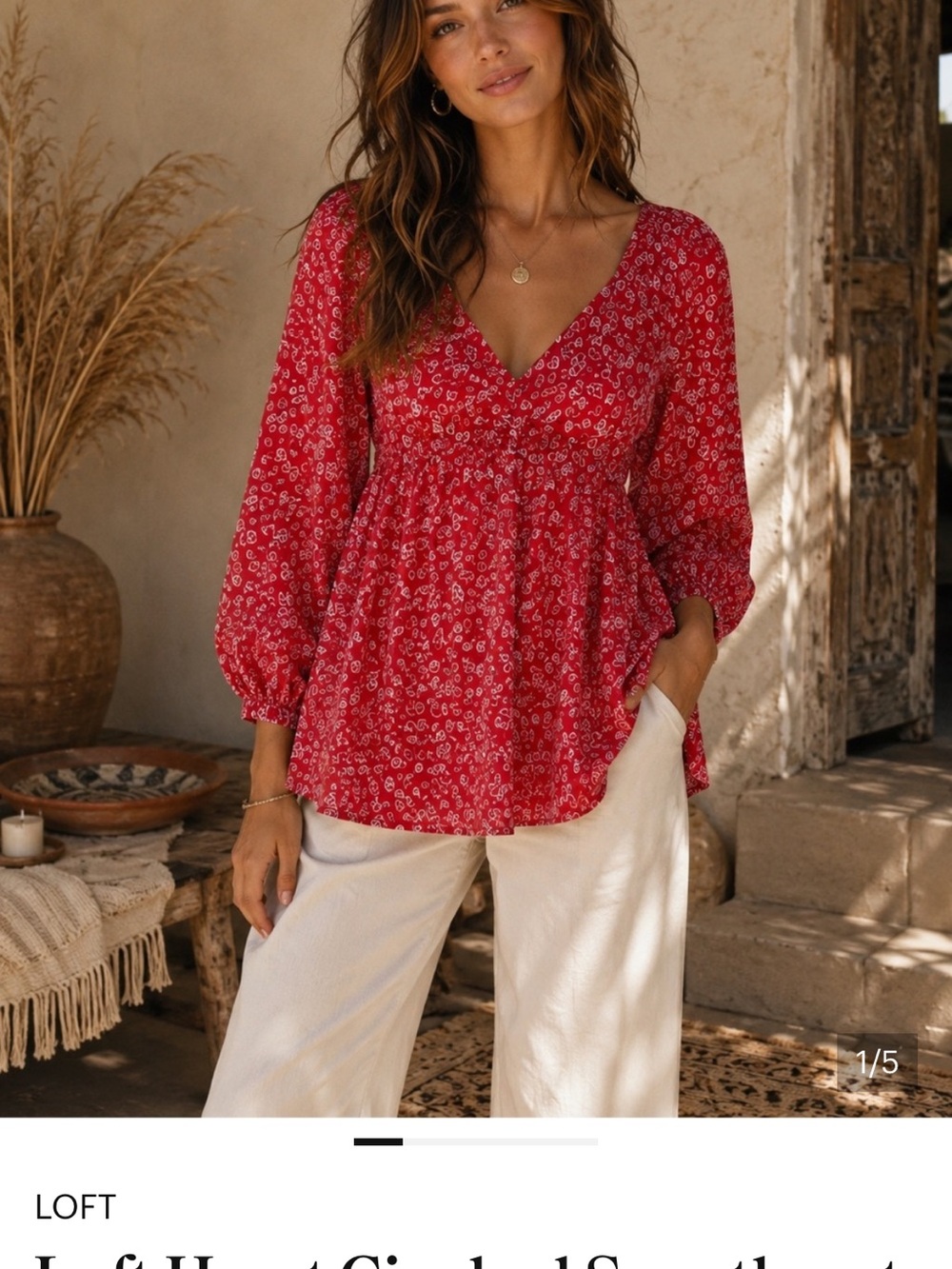 LOFT Red Floral V-Neck Peplum Top